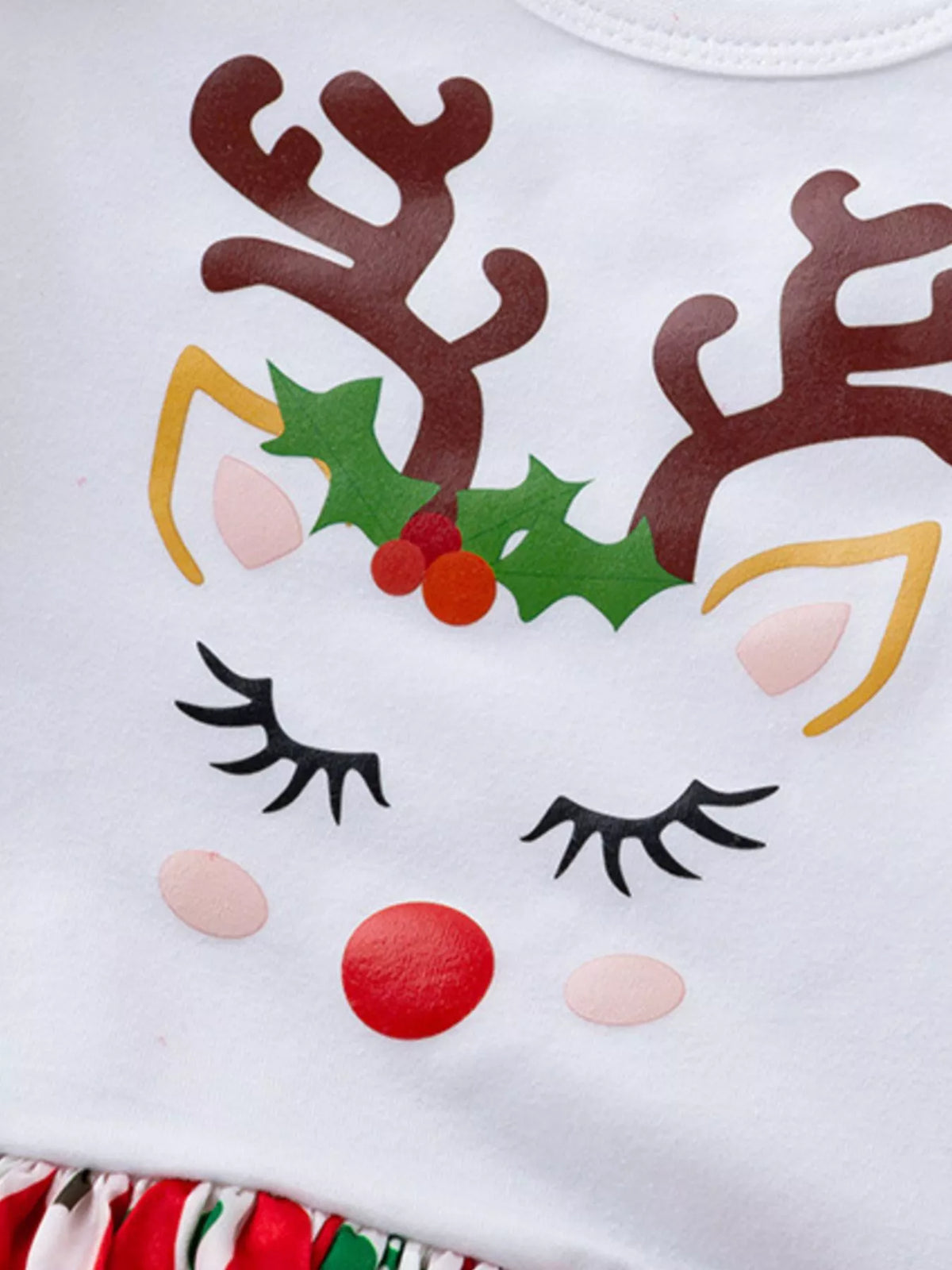Children's reindeer face graphic one-piece with closed eyes and red nose