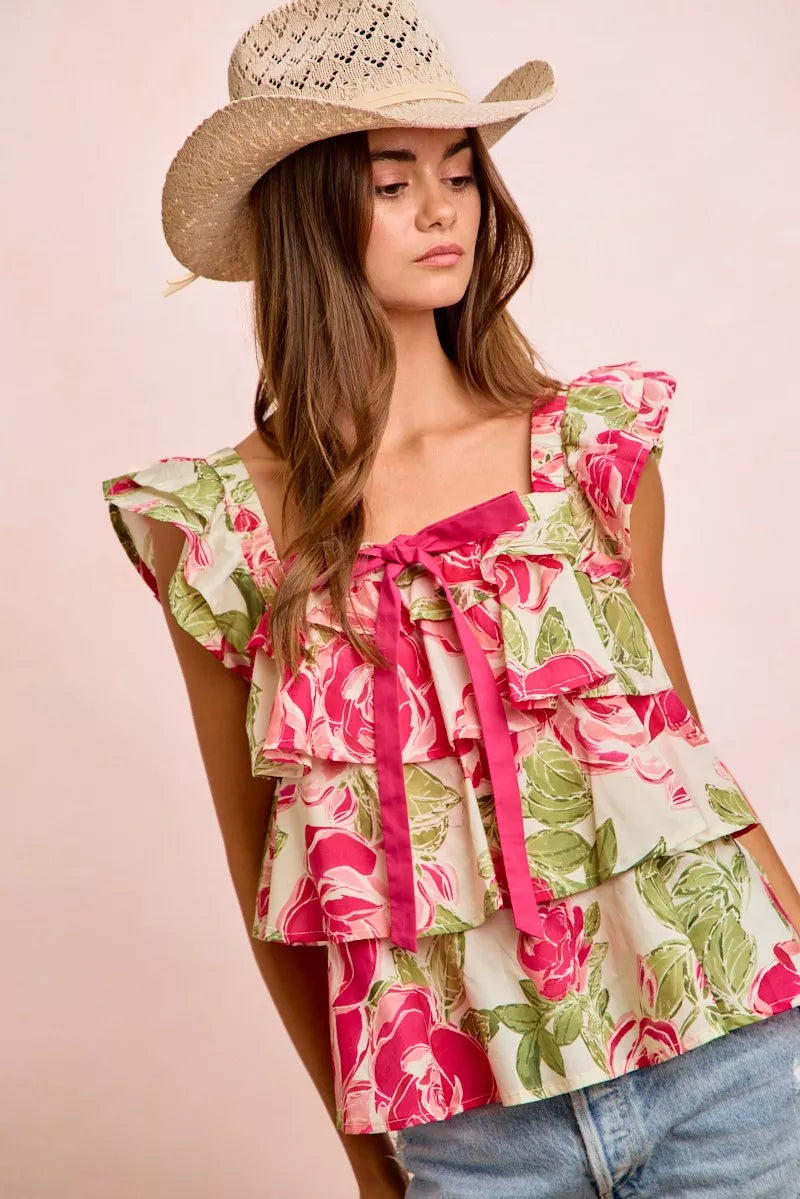 Floral print ruffle square-neck top with bow tie front and ruffled cap sleeves