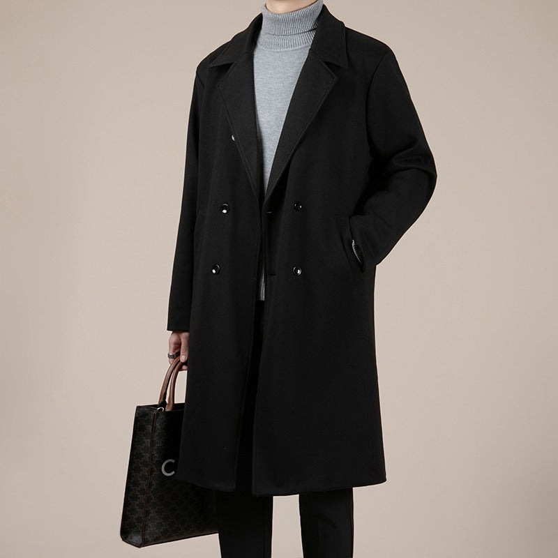Black mid-length wool trench coat with notched lapels and buttoned front, relaxed fit
