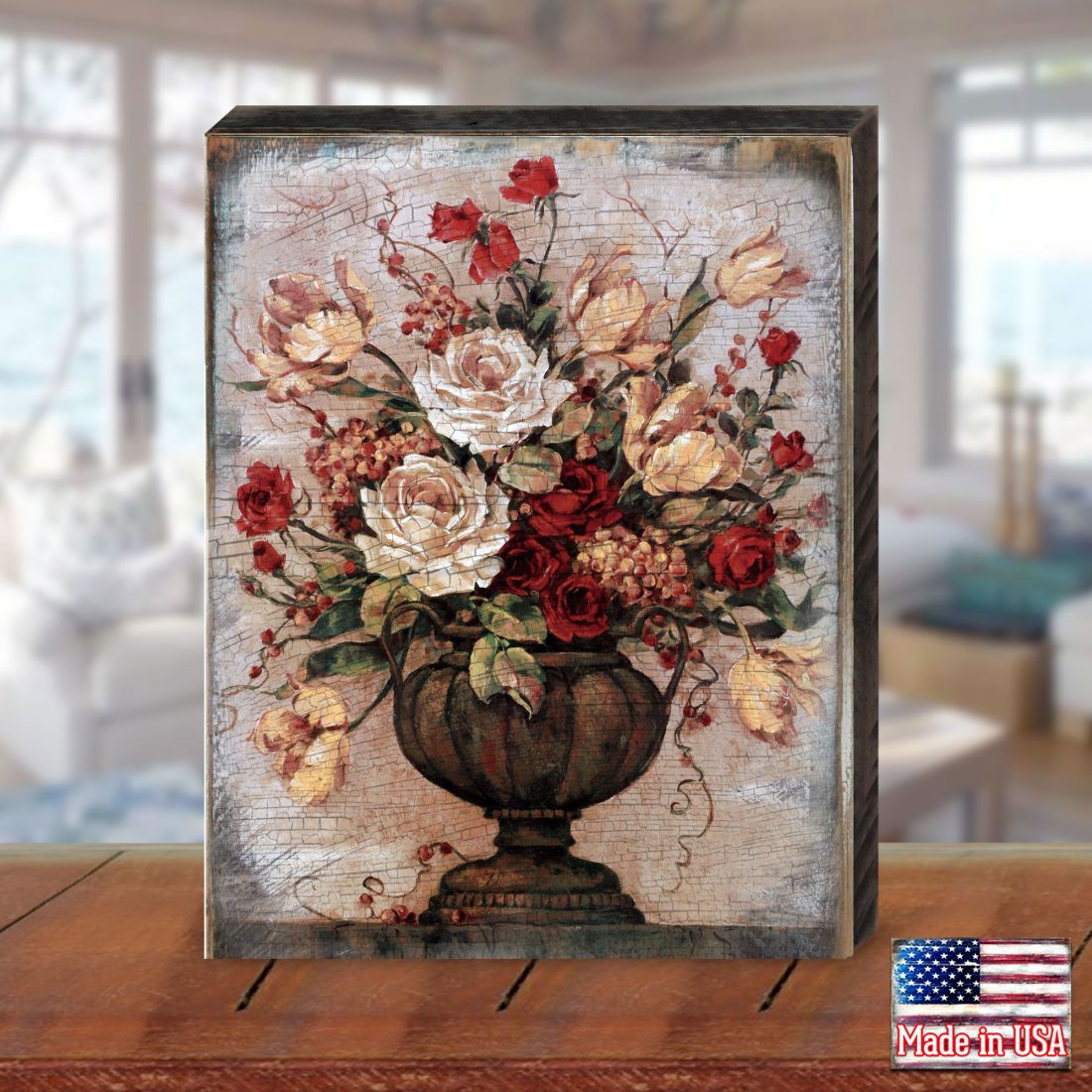 Rectangular floral bouquet wooden wall art with urn vase and red, cream blossoms