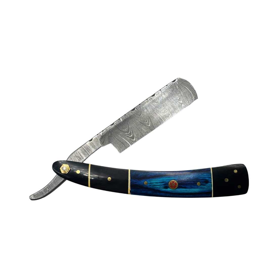 Straight razor with dark blue handle inlay and damascus-style silver blade
