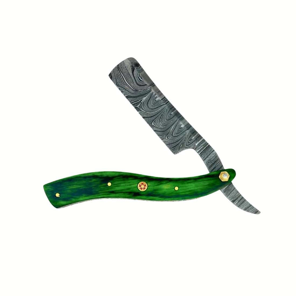 Straight razor with green wooden handle and damascus-style silver blade
