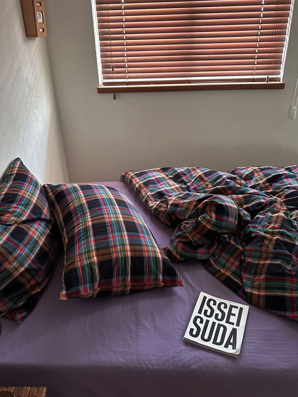 Dark tartan plaid duvet cover with matching pillowcases, black red blue and teal lines
