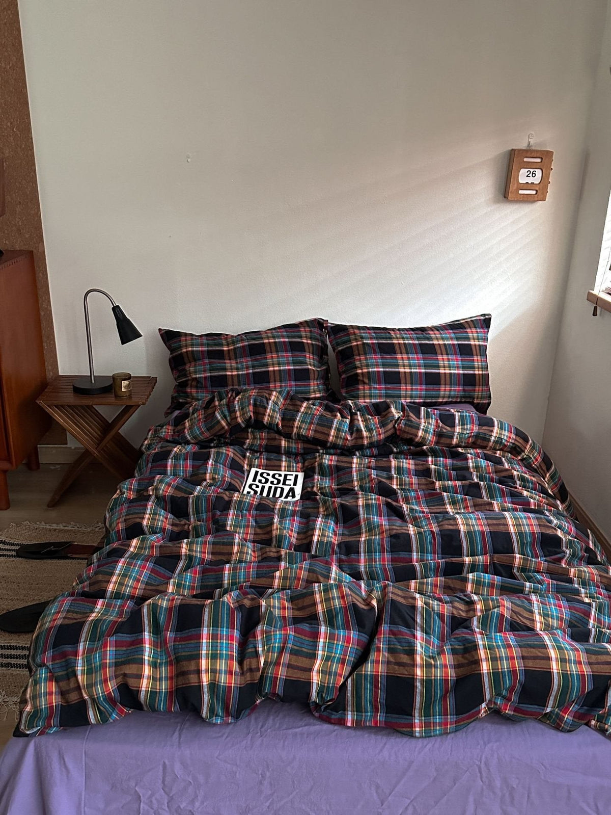 Dark tartan plaid duvet cover set with matching pillowcases, black red blue and teal