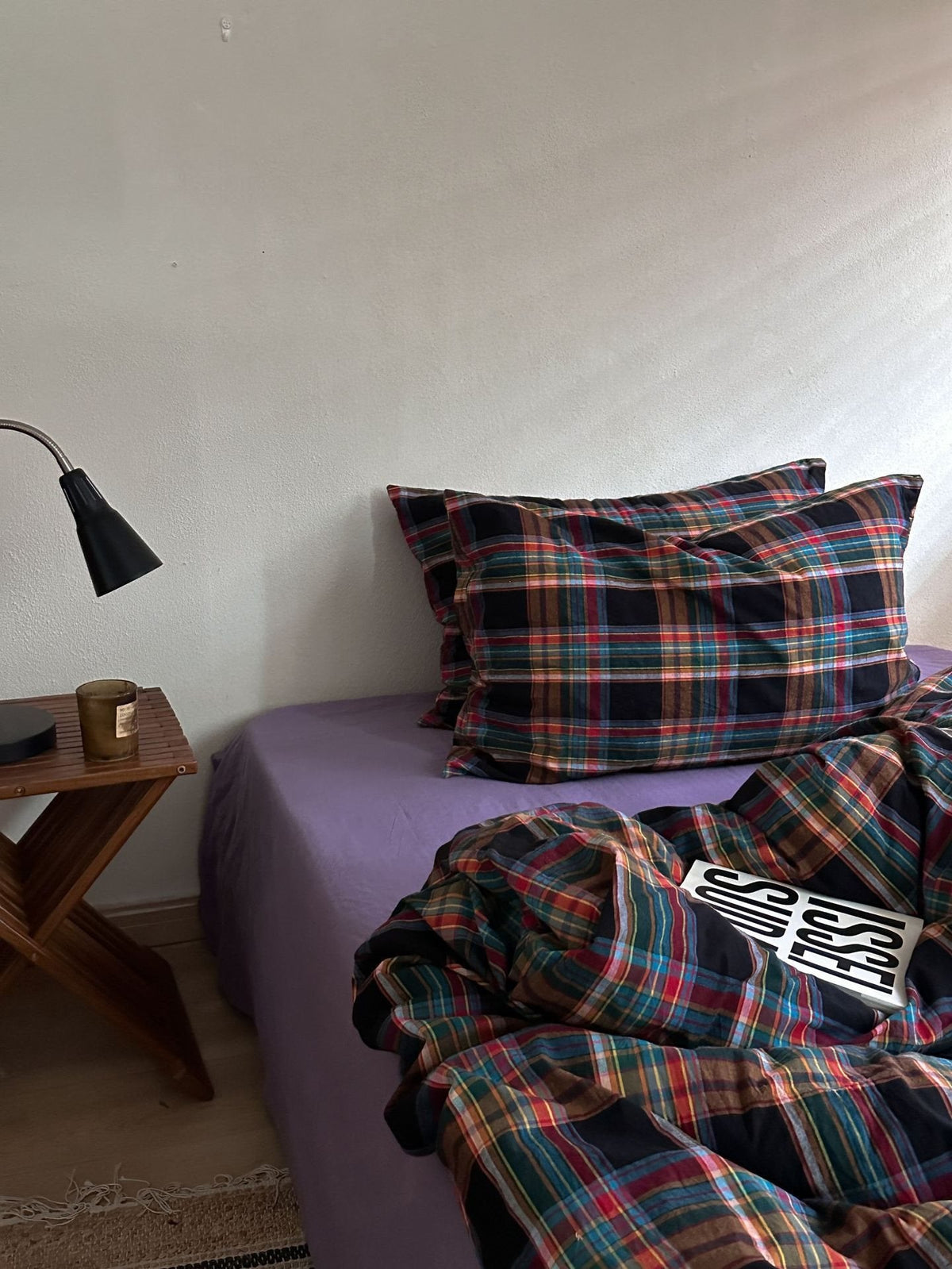 Tartan plaid pillowcases and duvet cover, dark tones with red blue and teal grid