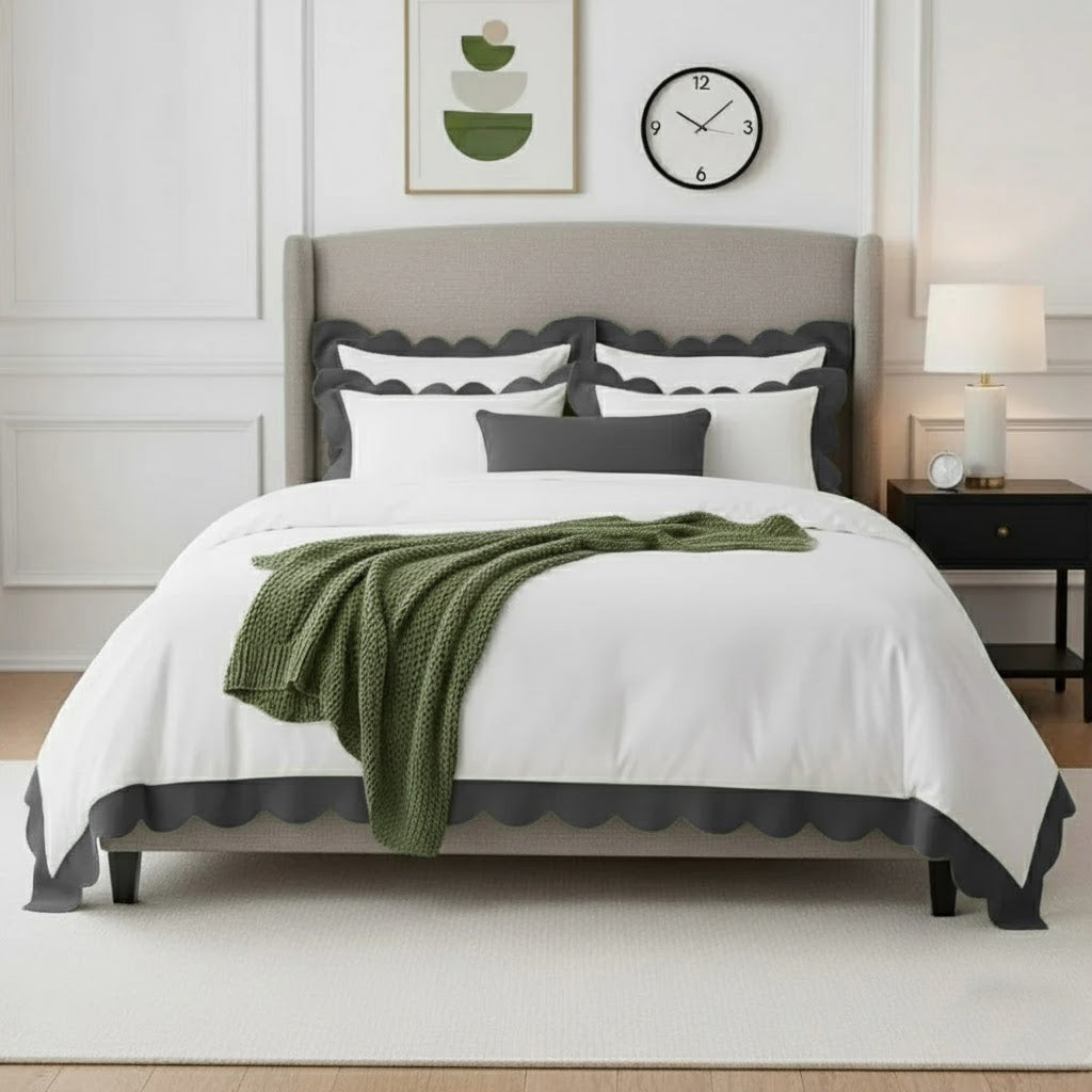 White duvet cover set with dark gray wavy scallop applique border and pillow shams
