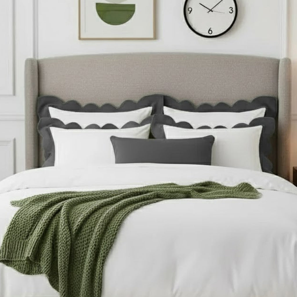 Cotton duvet cover set with white scalloped border and charcoal gray wavy applique embroidery
