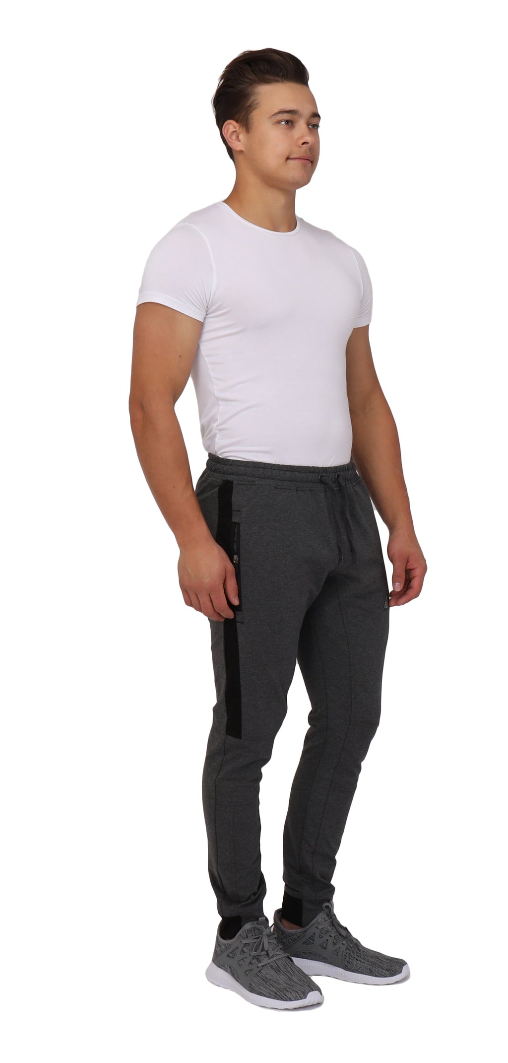 Dark heather grey tall jogger pants with side stripe and elastic waistband