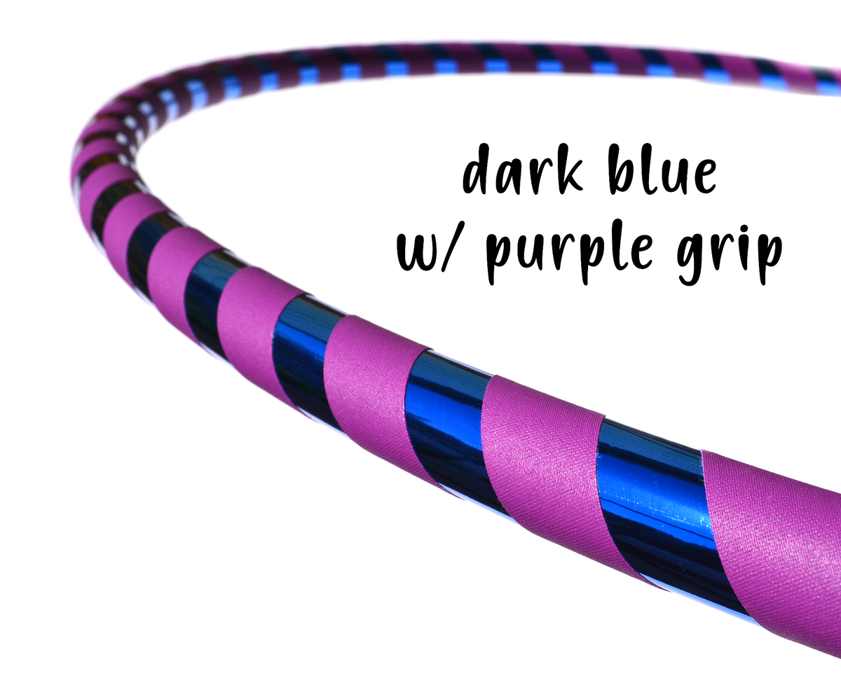 Dark blue holographic hula hoop with purple grip and reflective stripe wraps