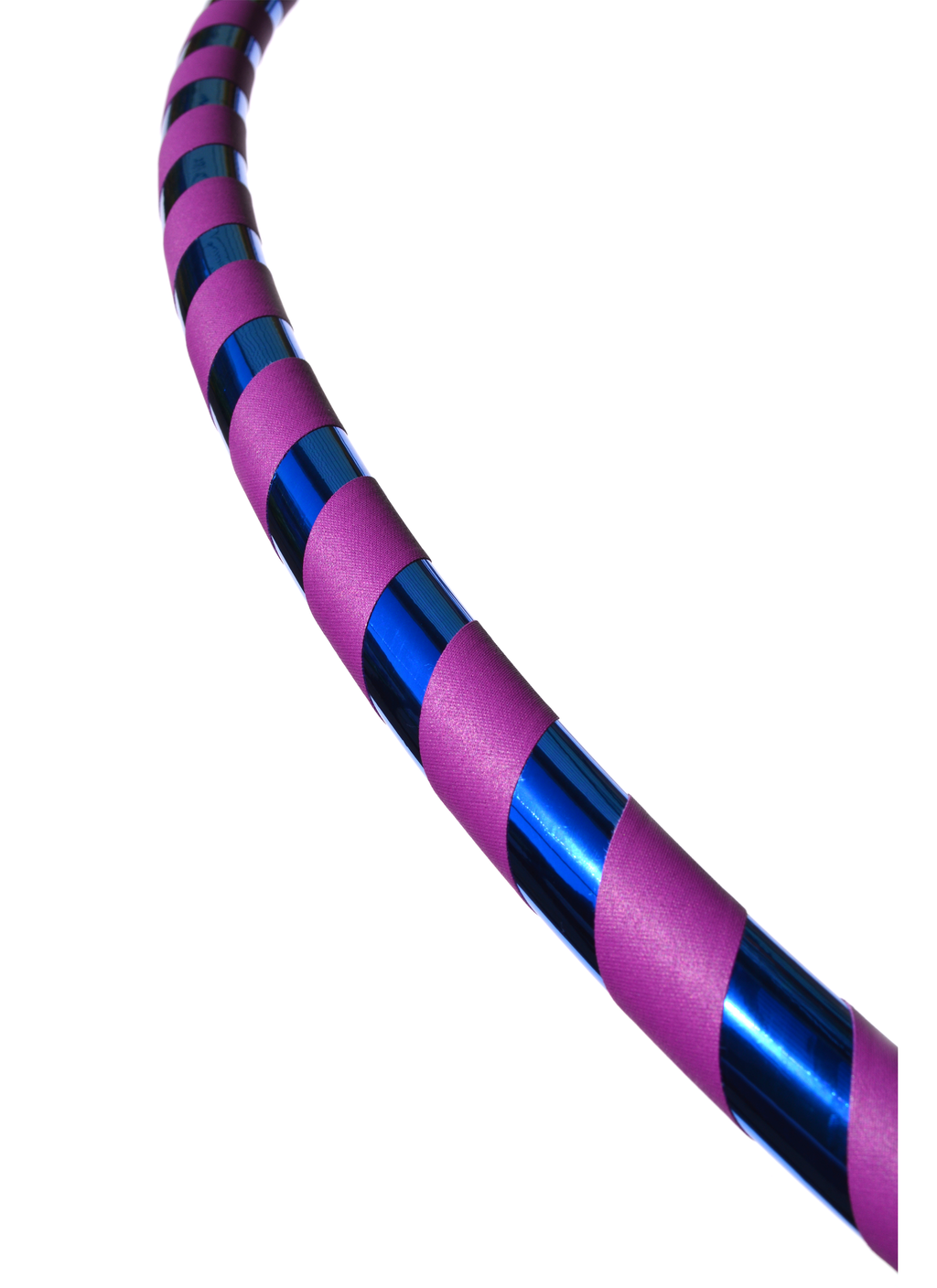 Purple and blue holographic tape hula hoop with glossy stripes along the tubing