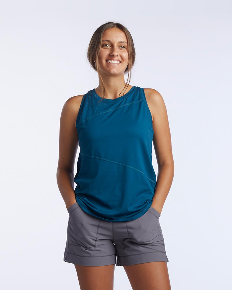 Women's workout tank top, teal blue sleeveless with curved hem and diagonal seam