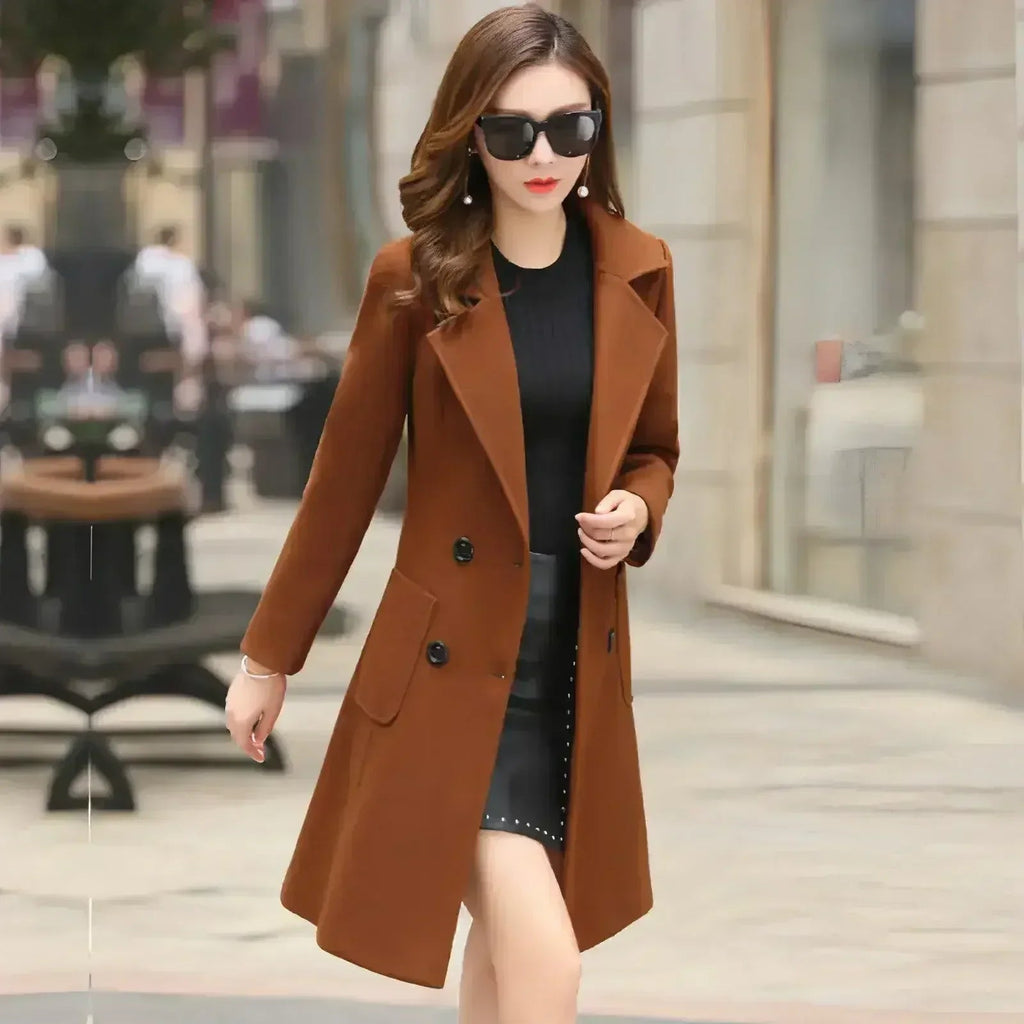 Women's tweed windbreaker, caramel brown with notched lapels and buttoned pockets.