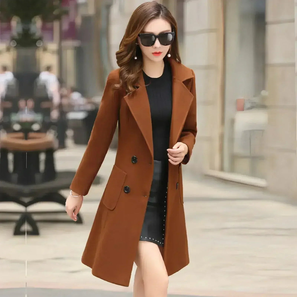 Women's tweed windbreaker, caramel brown with notched lapels and buttoned pockets.