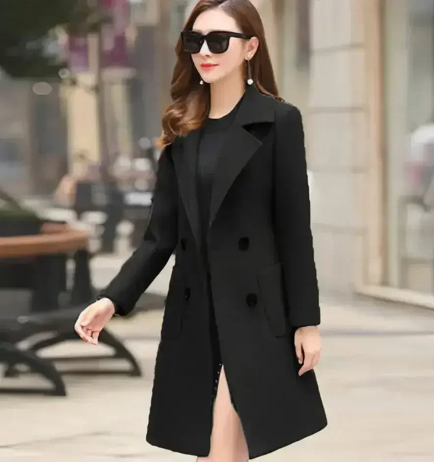 Women's tweed windbreaker, black long coat with notched lapels and buttoned flap pockets.