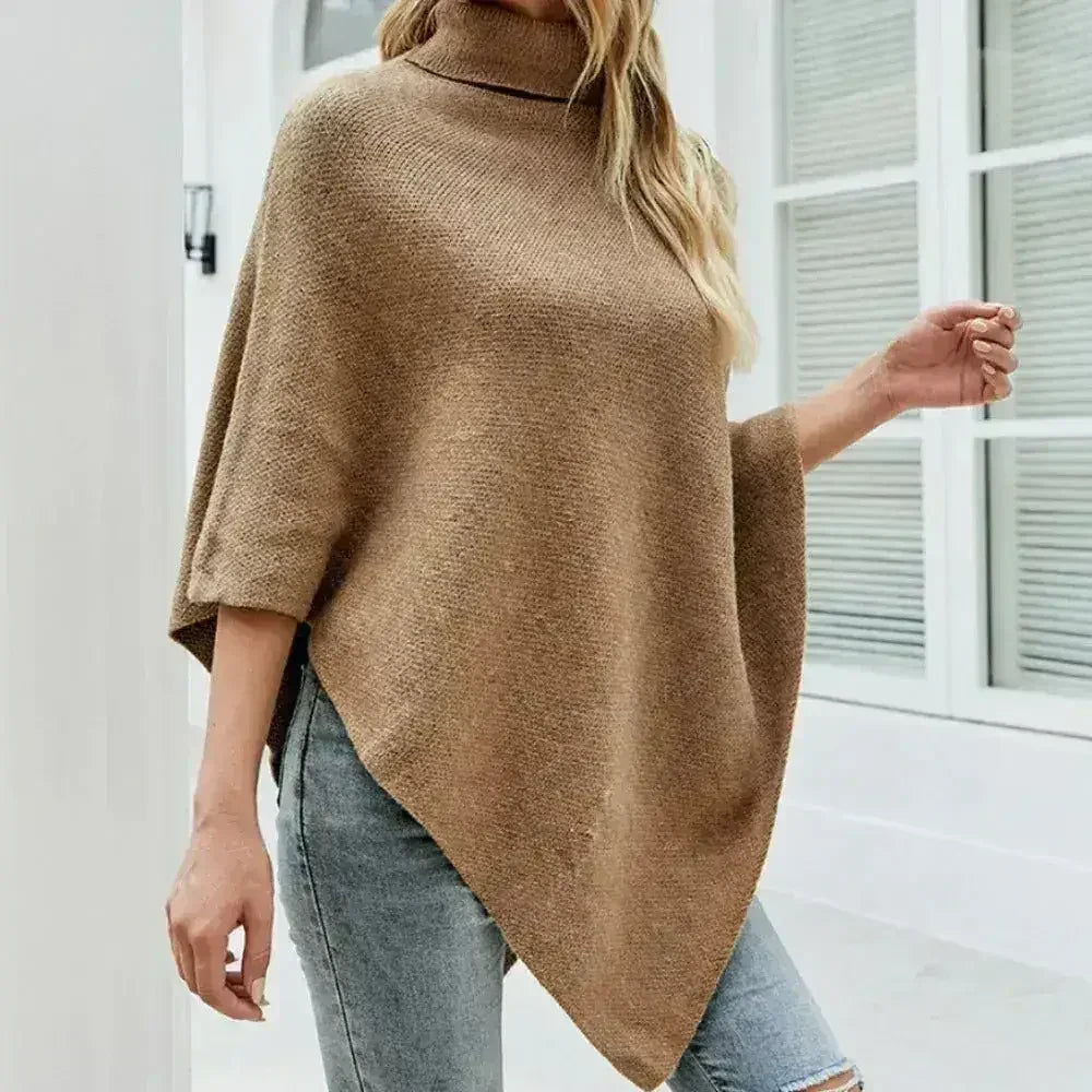Khaki turtleneck poncho wrap with high neck and asymmetrical back drape, one size