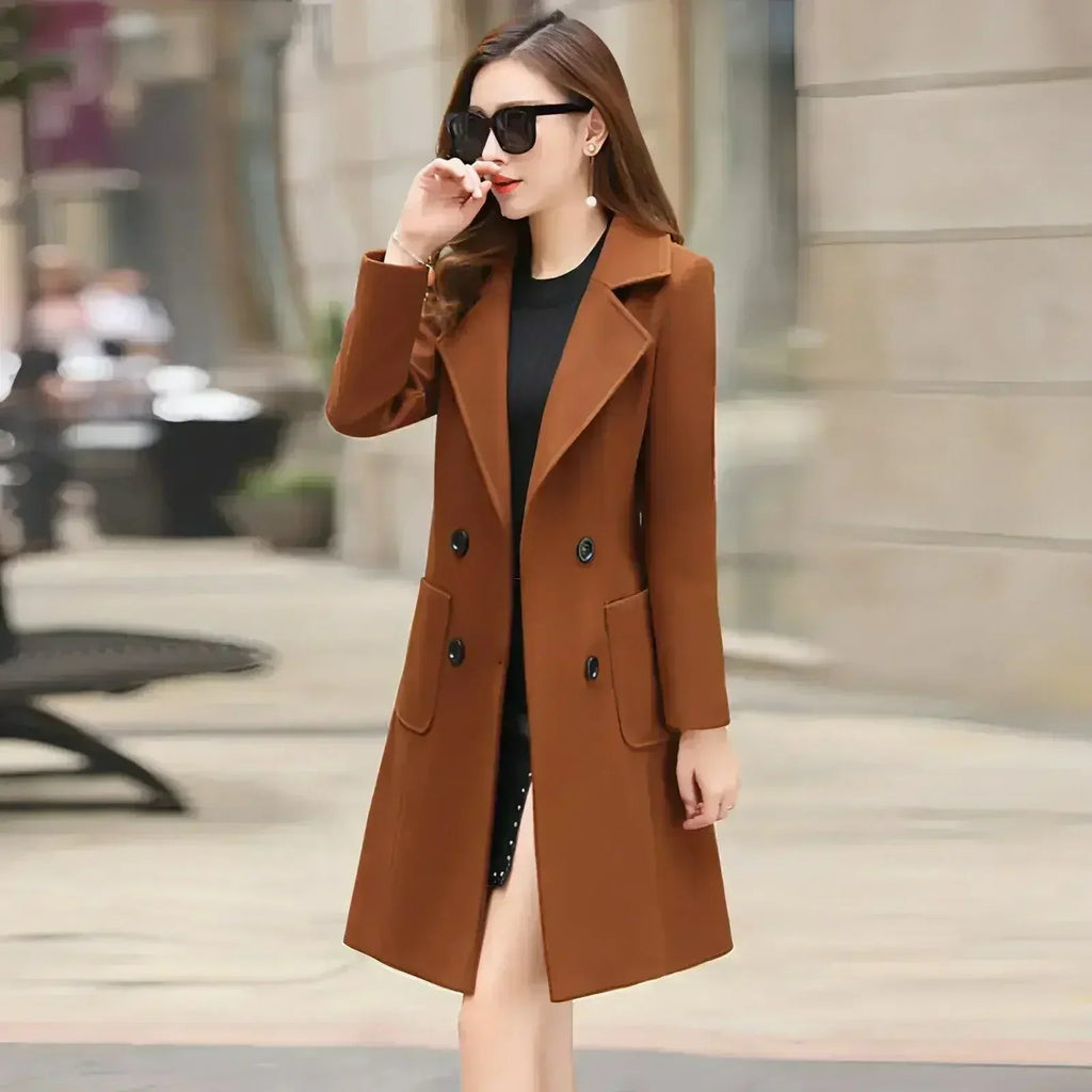 Women's tweed windbreaker, caramel brown long coat with flap pockets and button front.