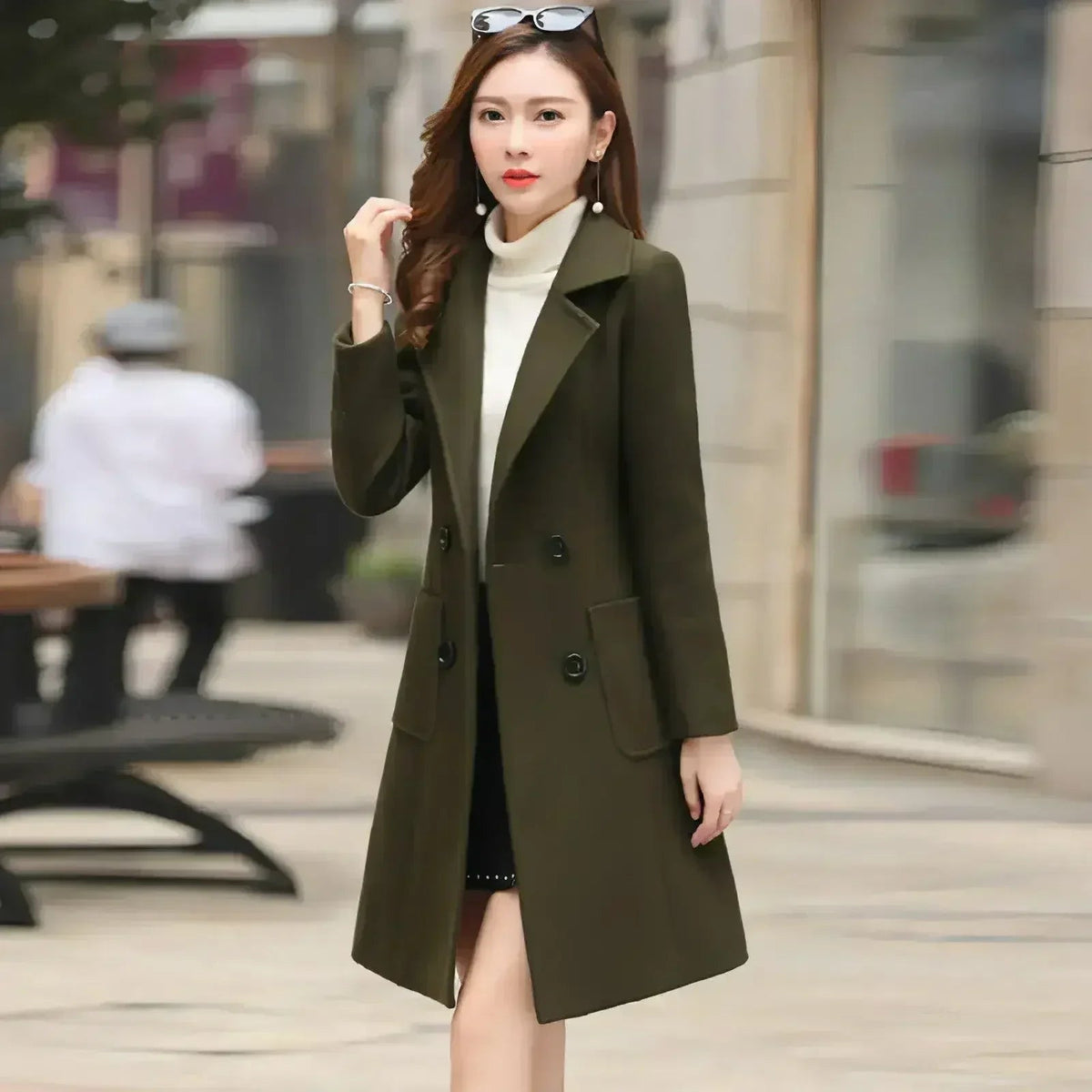 Women's tweed windbreaker, dark olive green with notched lapels and double buttons.