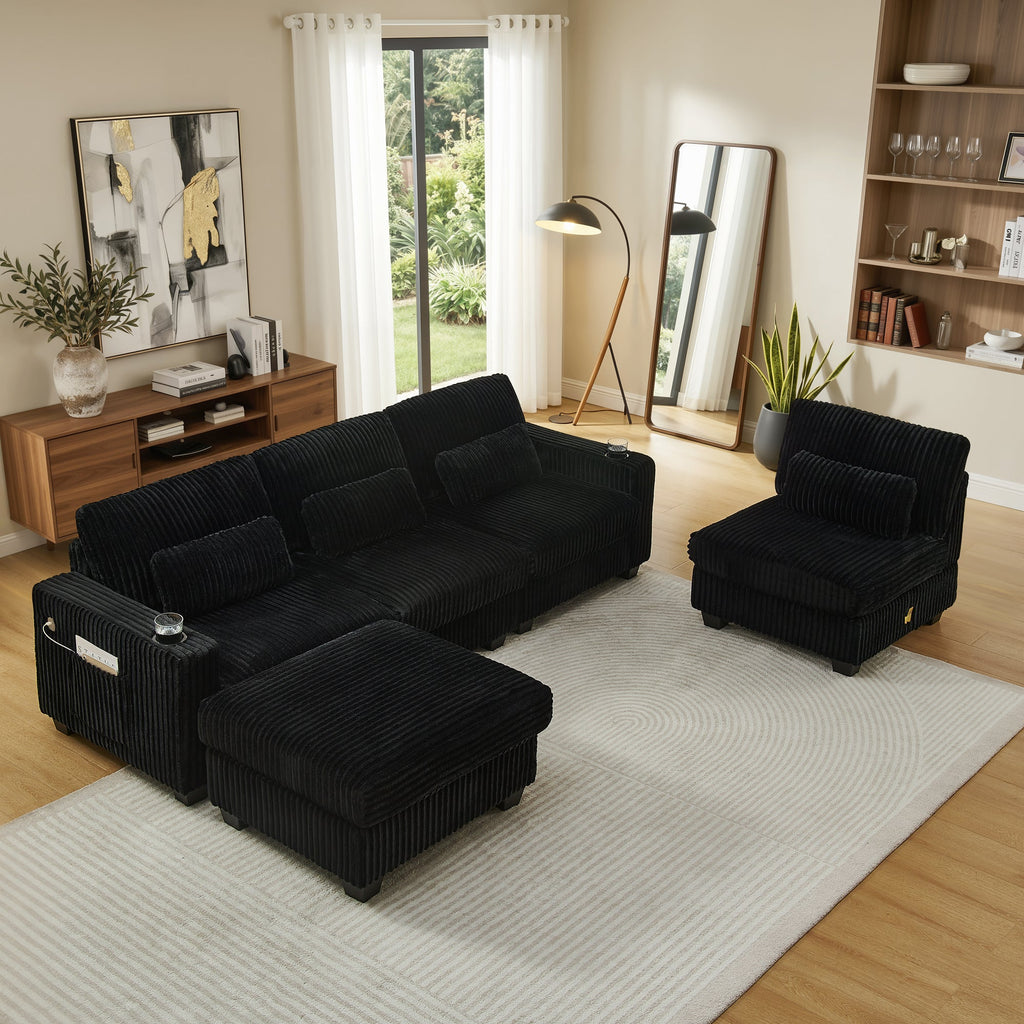 Black corduroy sectional sofa with separate ottoman pieces in corner layout