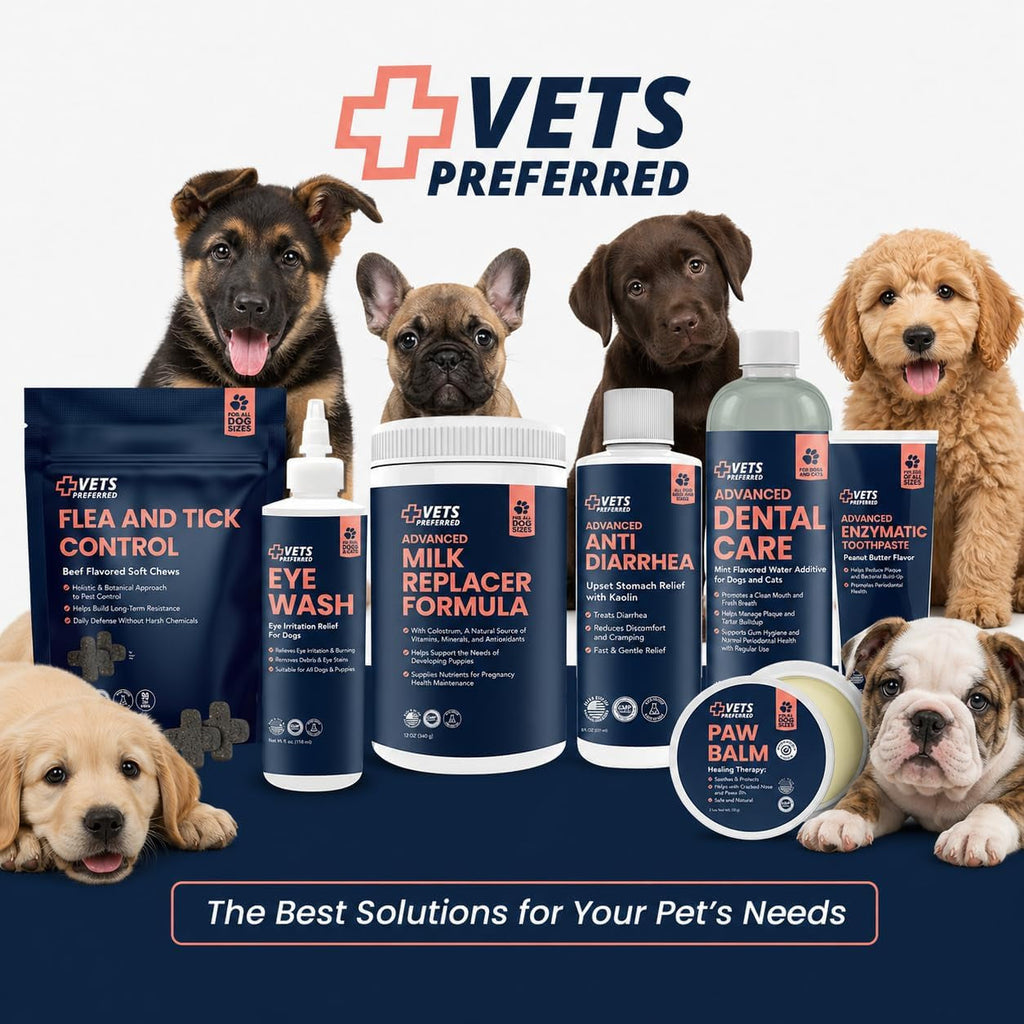 Vets Preferred milk replacer formula among an assortment of pet care products