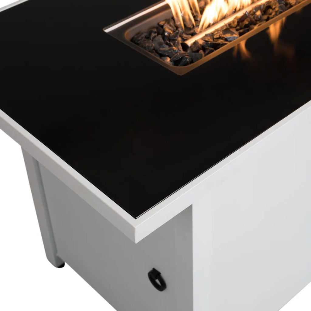 White rectangular fire pit table with black interior tray and raised corner detail