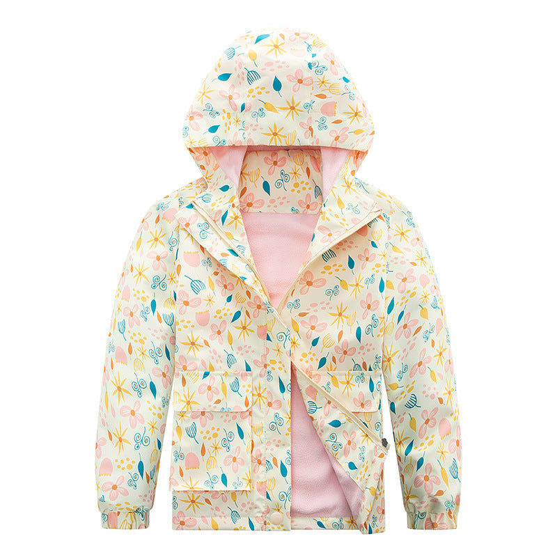Kids' hooded waterproof jacket in light pastel with colorful animal and plant pattern