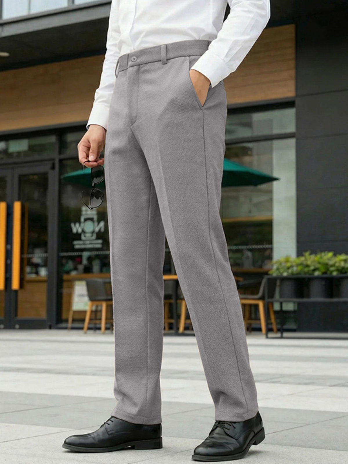 Men's classic-fit dress pants, light gray, flat front and tailored creased legs