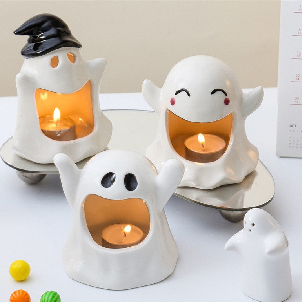 Ceramic ghost festival candle ornament set with lit tea lights, white and black hats