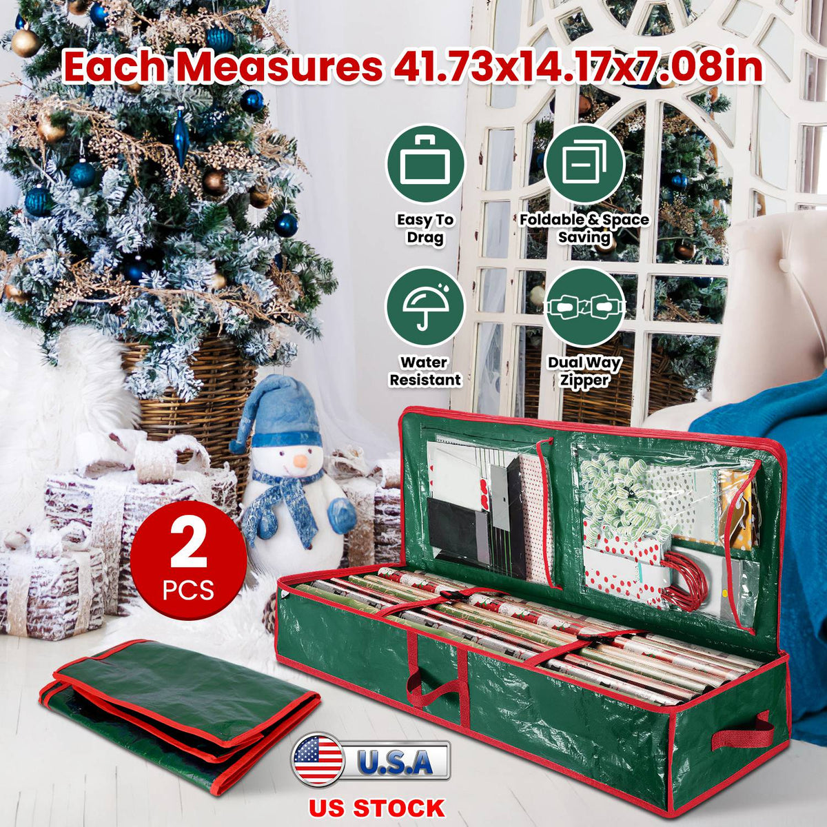 Green foldable gift wrap organizer with red trim, pocketed panels, and zip closure