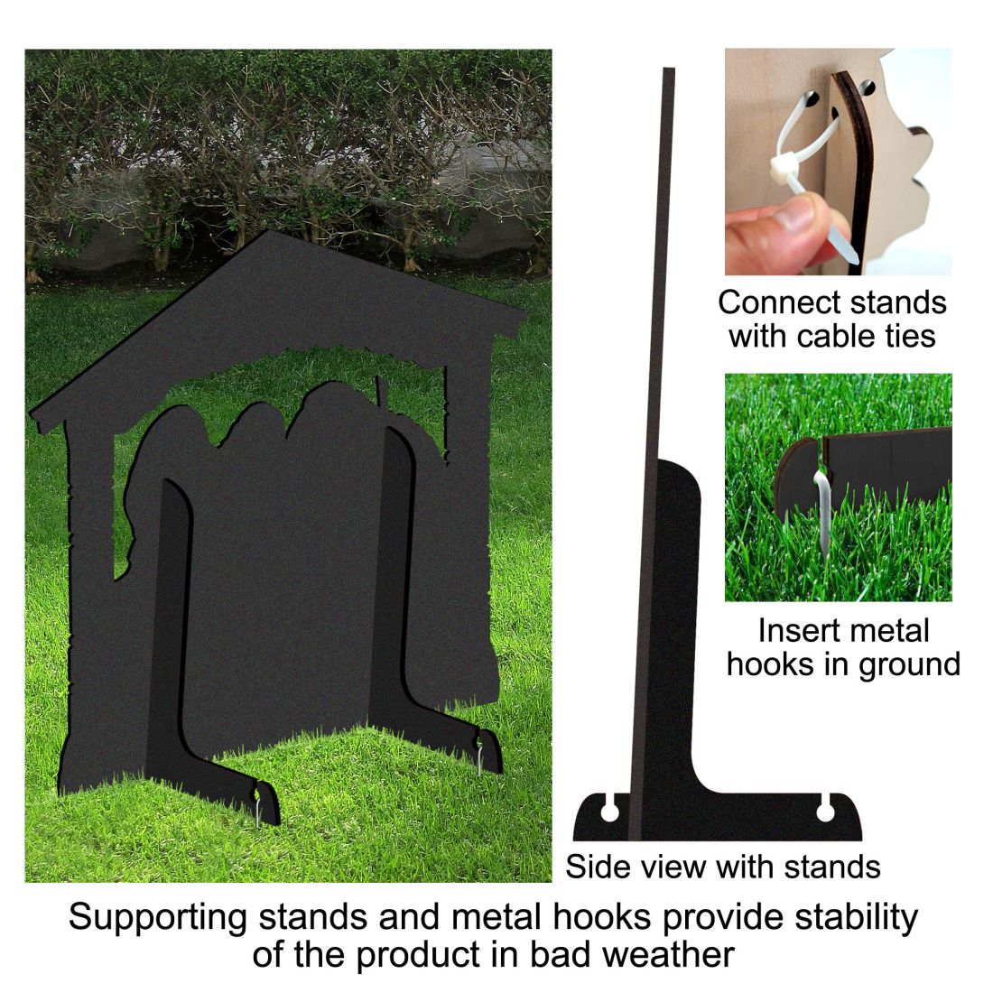 Outdoor nativity display base with supporting stands, metal hooks, and cable ties