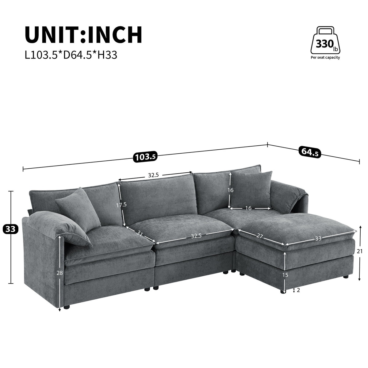 Dark gray sectional sofa with deep seats and corner chaise ottoman, L-shaped