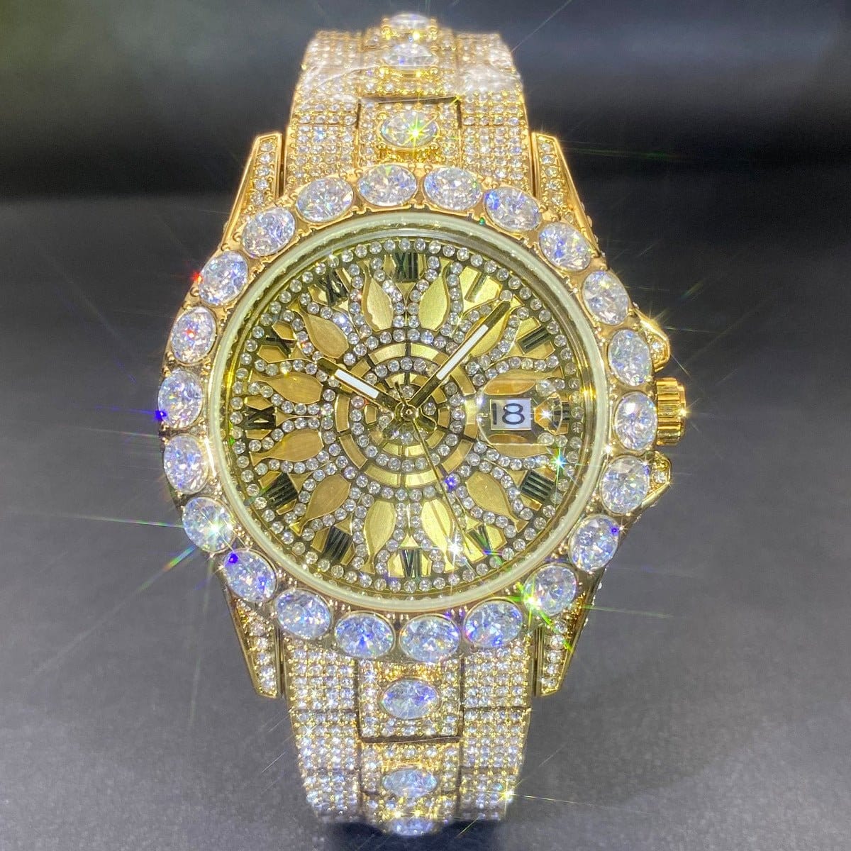 Gold rhinestone hip-hop watch with round radial dial and sparkling link bracelet