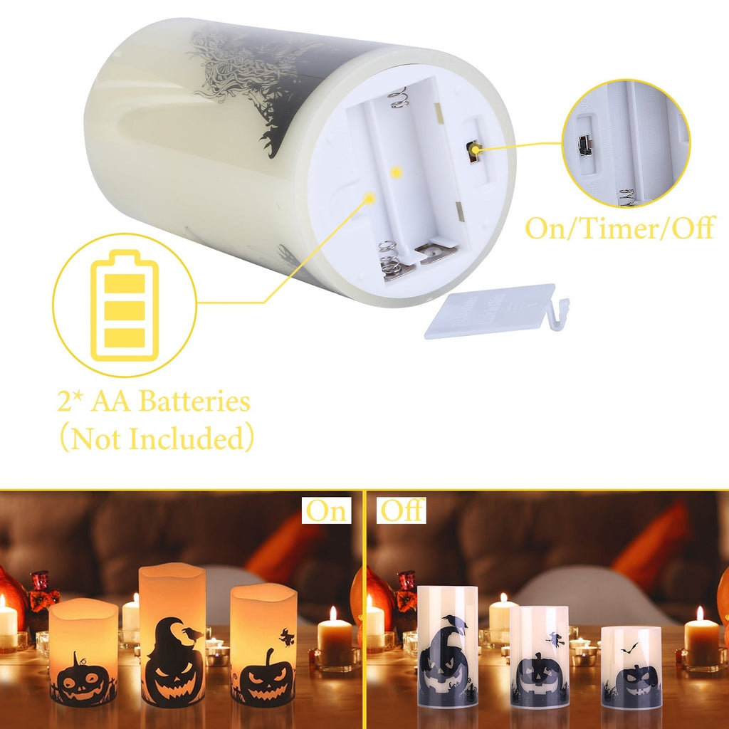 LED flameless candle with open battery compartment and timer switch, warm orange light