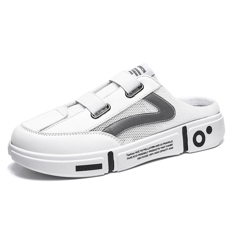 White mesh half slippers, closed toe, dual buckle straps, chunky outsole, side logo