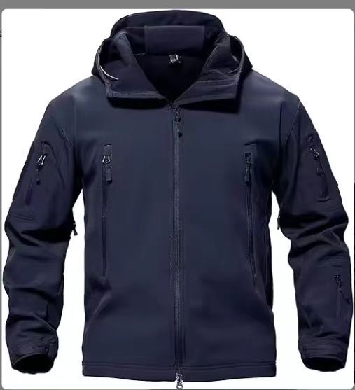 Three-in-one all-weather shell jacket, dark navy, hooded zip front, sleeve pockets.