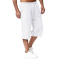 Men's white cotton-linen shorts with drawstring elastic waist and side seam pockets