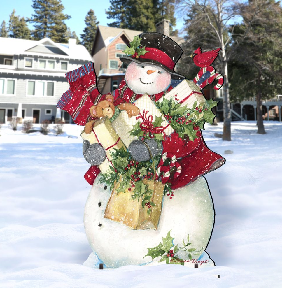 Christmas yard decoration sign with smiling snowman holding gift, red hat and wreath accents
