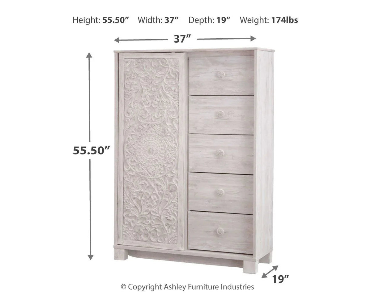 Whitewash dressing chest front view with embossed door panel and four-drawer layout