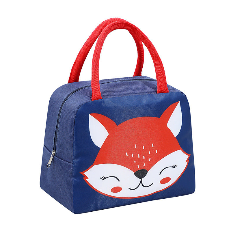 Blue fox cartoon lunch cooler bag with red carry handles and zipper pocket