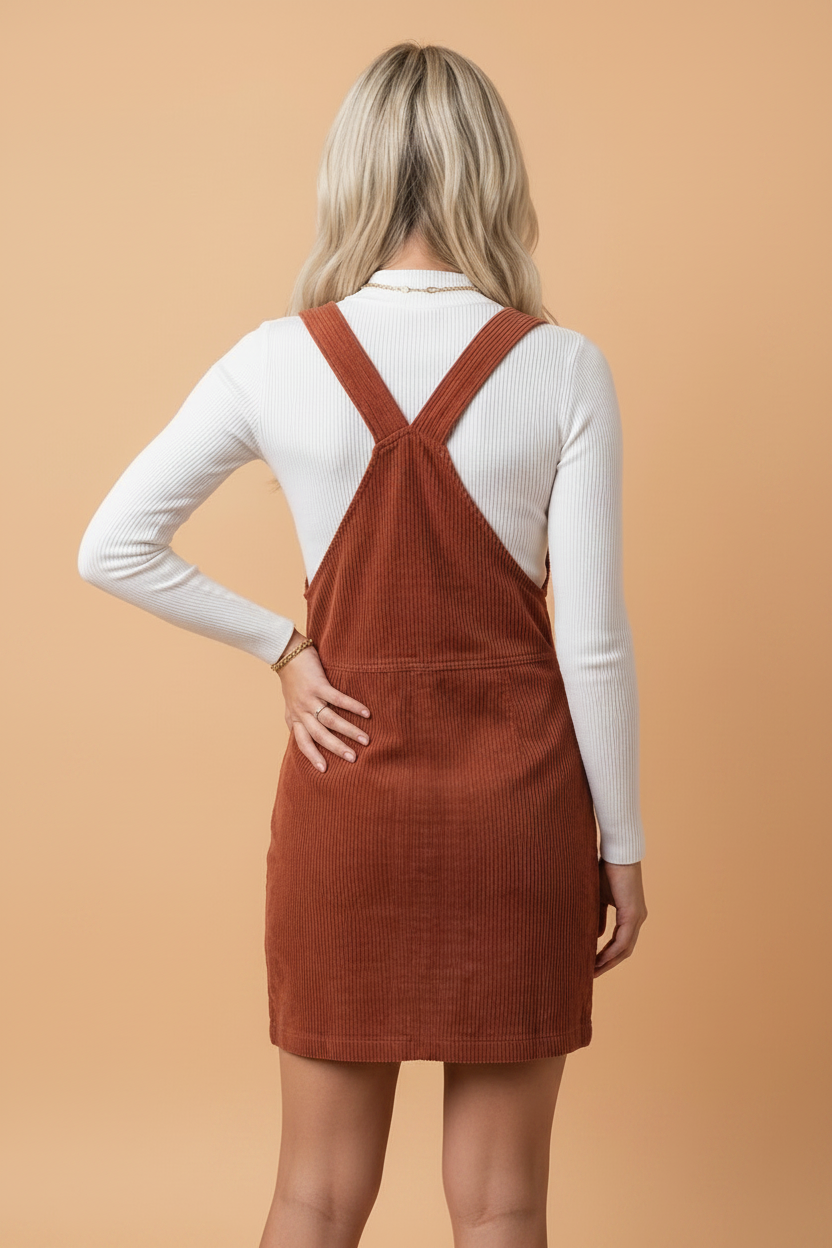 Clay corduroy sleeveless zip-up dress with crisscross open back and pockets
