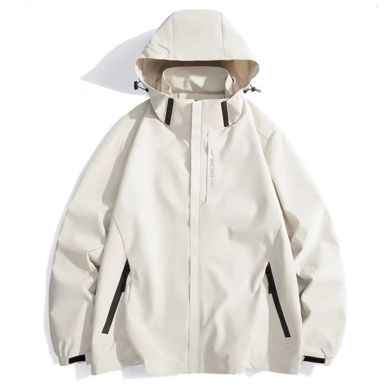 Men's windproof waterproof jacket, light beige, hooded full-zip with elastic cuffs