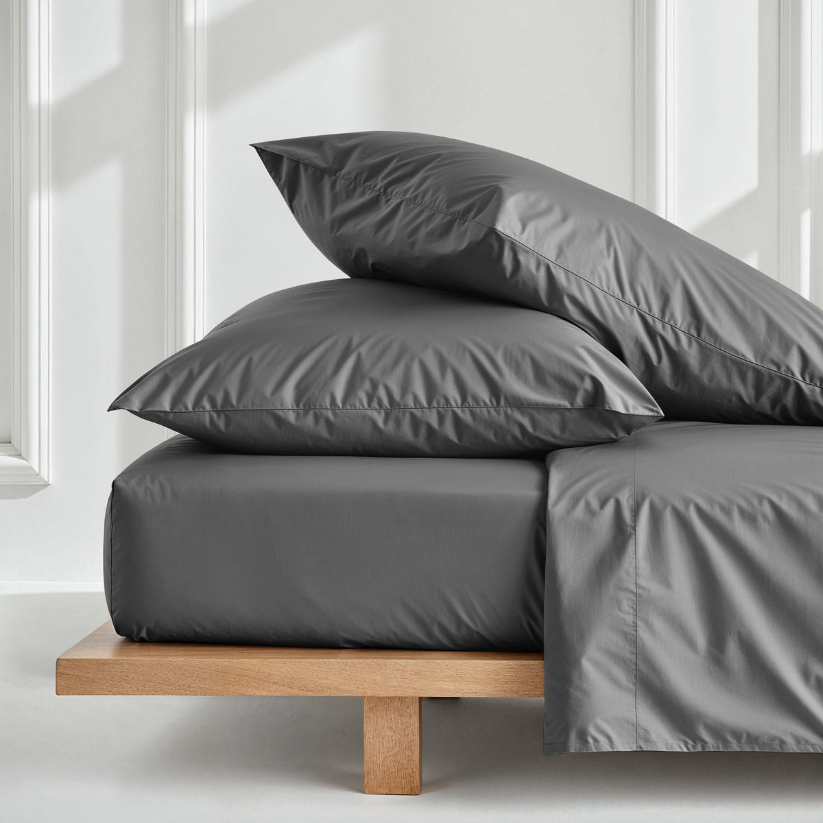 Charcoal solid sateen sheet set with fitted sheet and two matching pillowcases