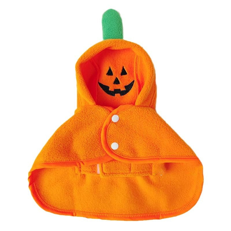 Halloween pet cloak, orange plush pumpkin hood with jack-o-lantern face