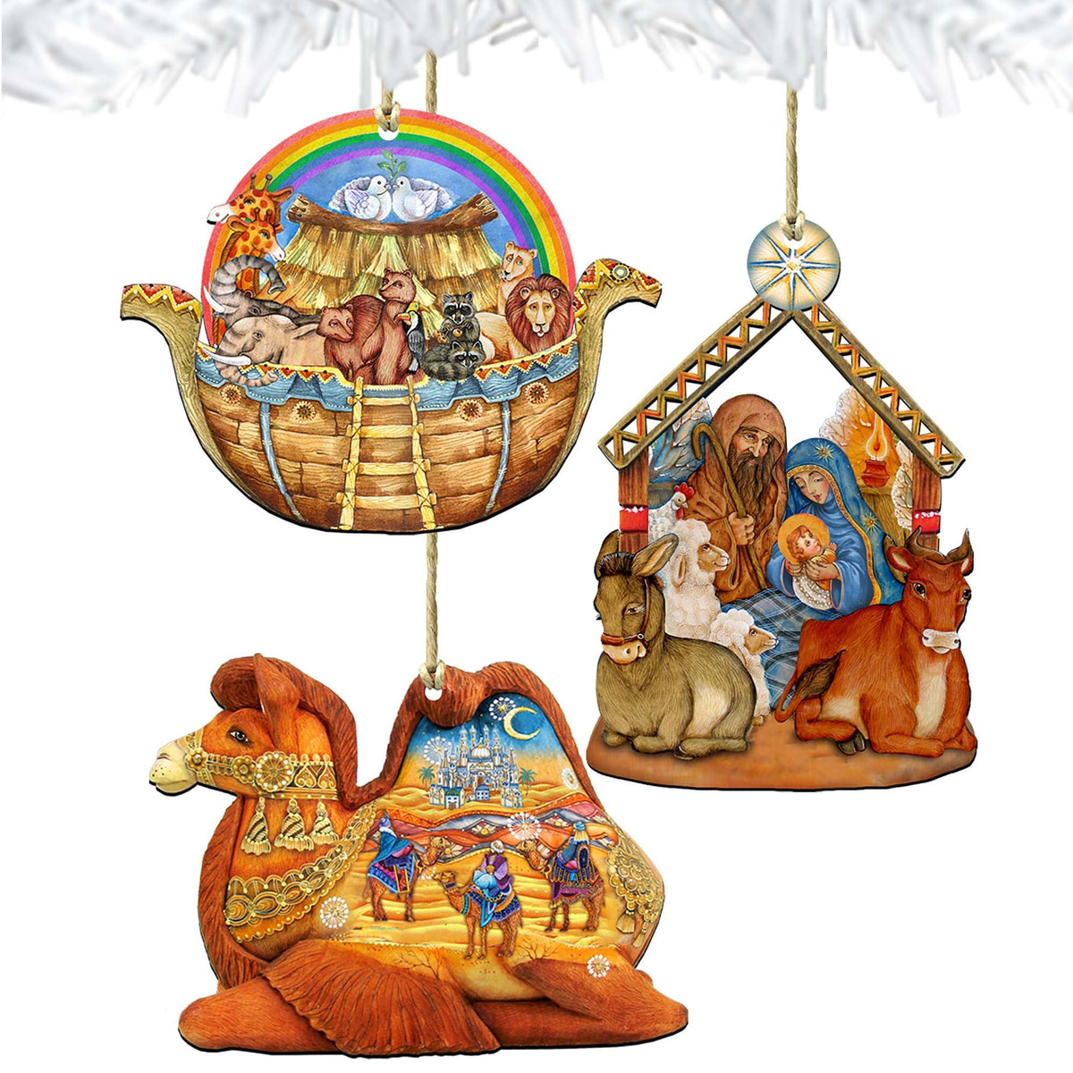 Set of 3 nativity wooden ornaments, three hanging designs with stable and animals
