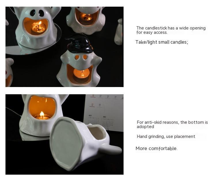 Ceramic ghost candle holders with wide opening for tea lights, white and black accents
