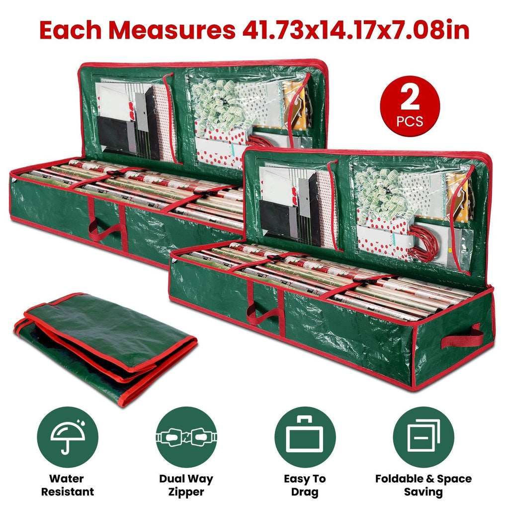 Two green foldable gift wrap organizer containers with red zipper pocketed panels