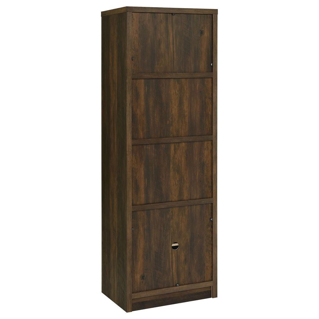 Dark pine media tower with two upper shelf sections and bottom cabinet door with handle