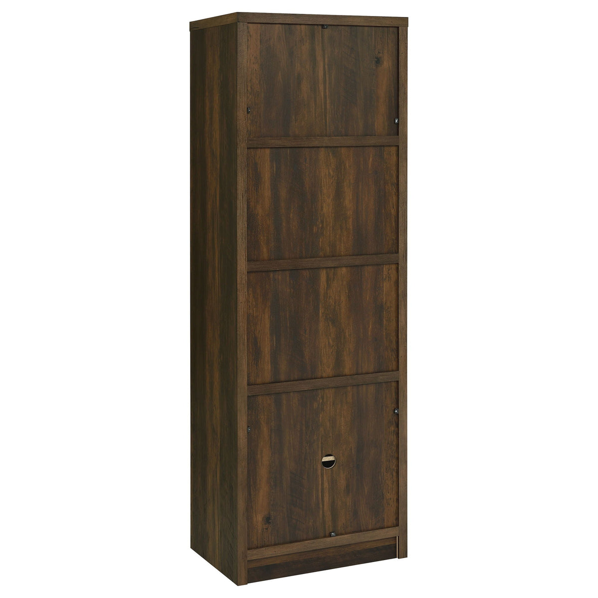 Dark pine media tower with two upper shelf sections and bottom cabinet door with handle