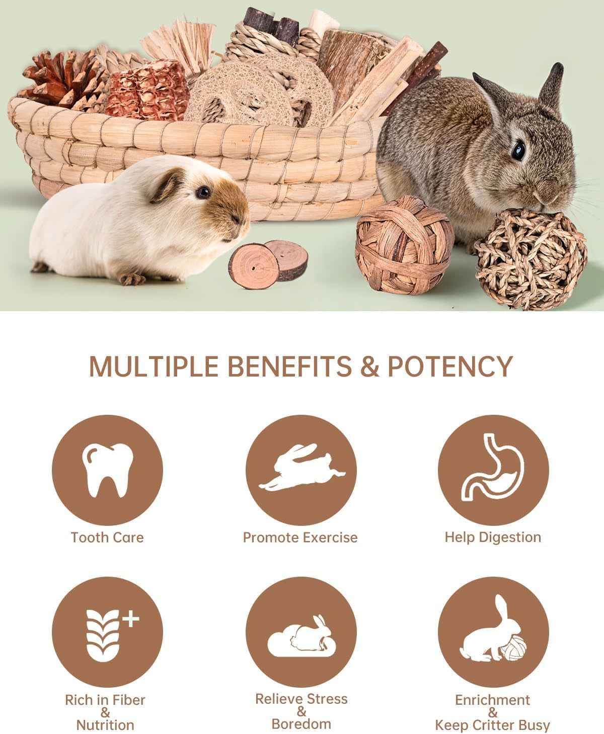Rabbit chew toy set with woven basket, chew balls and assorted natural toys