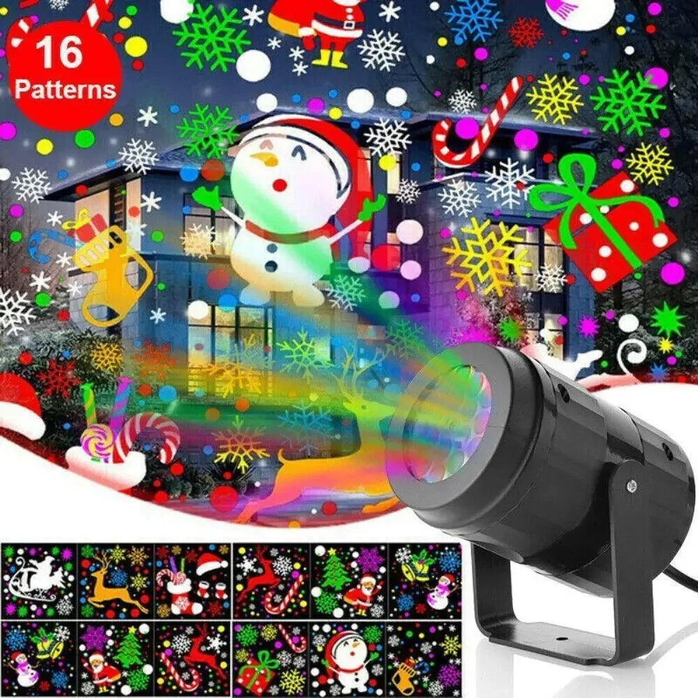 Black LED snowflake projector light casting colorful rotating holiday patterns