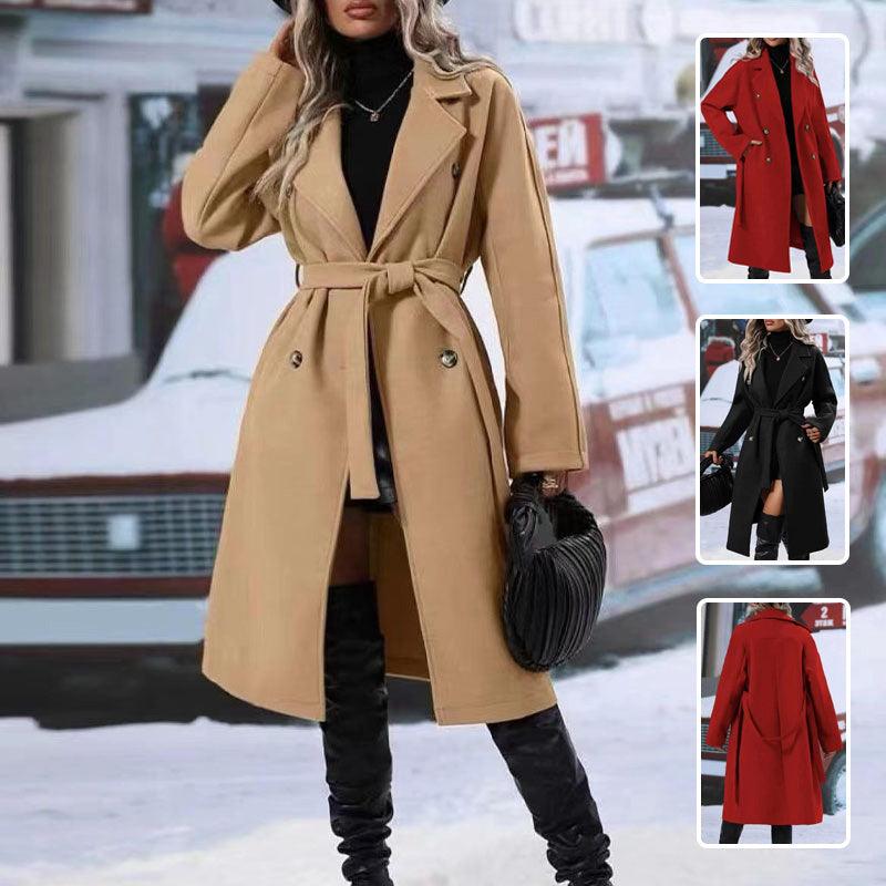 Women’s tan long double-breasted trench coat with notched lapels and belt tie